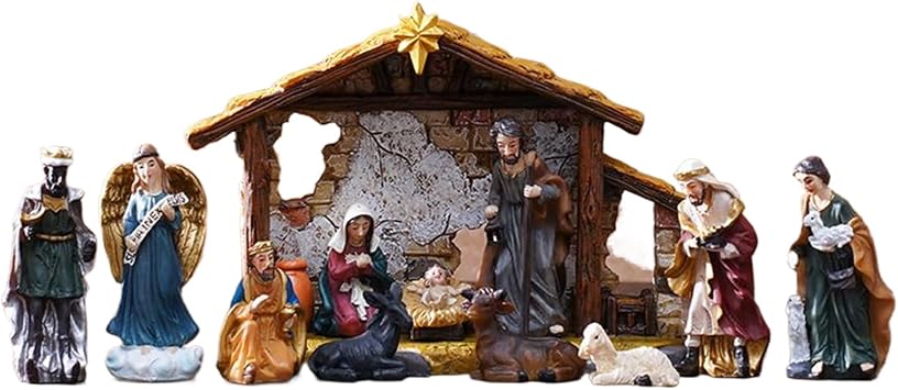Nativity Set for Kids - 12 Piece Resin Jesus Birth Figurines, Catholic Christian Nativity Manger Sculptures, Christmas Holiday Decorations, Table Fireplace Ornament | for Home Church Indoor Family Cel