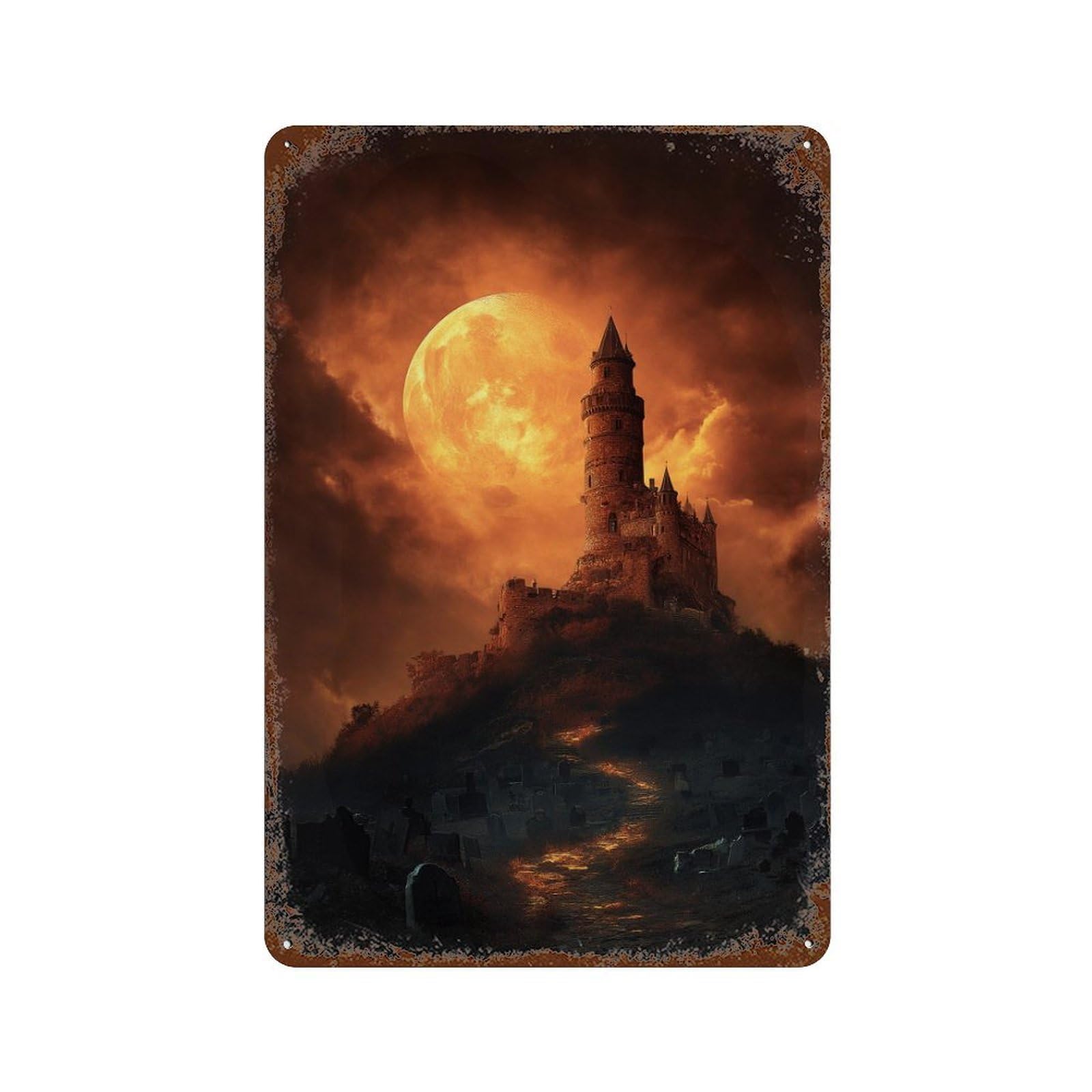 Halloween Castle with Full Moon Rust Effect Tin Sign 11.8"x7.9", Retro Wall Decor for Pub, Kitchen And Man Cave Decor