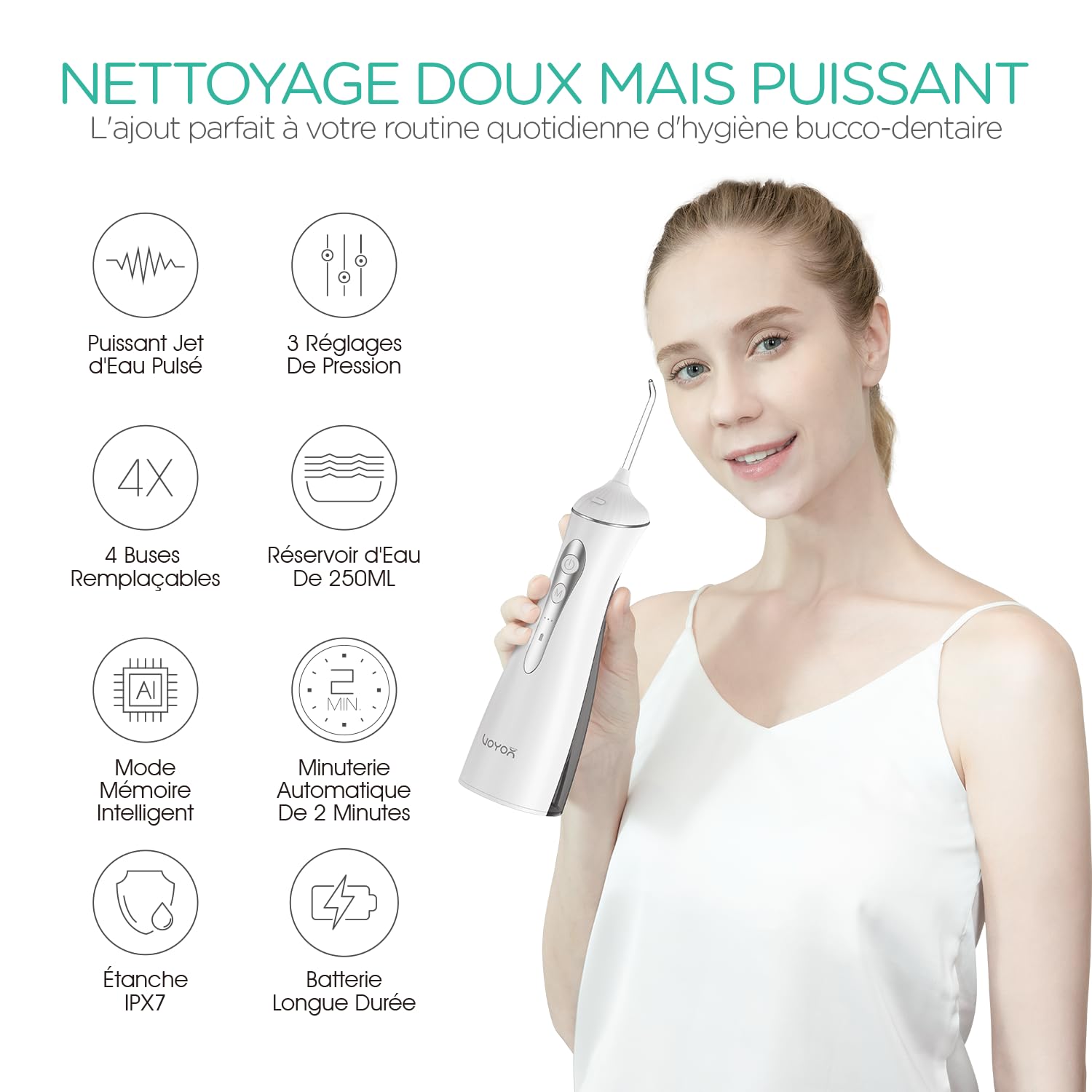 VOYOR-HEALTH Jet Dentaire Hydropulseur Portable et Irrigateurs Oral WF400 | Nettoyage en profondeur, Water Flosser, 4 Buses, Rechargeable par USB, Étanche IPX7, Maison et Voyages