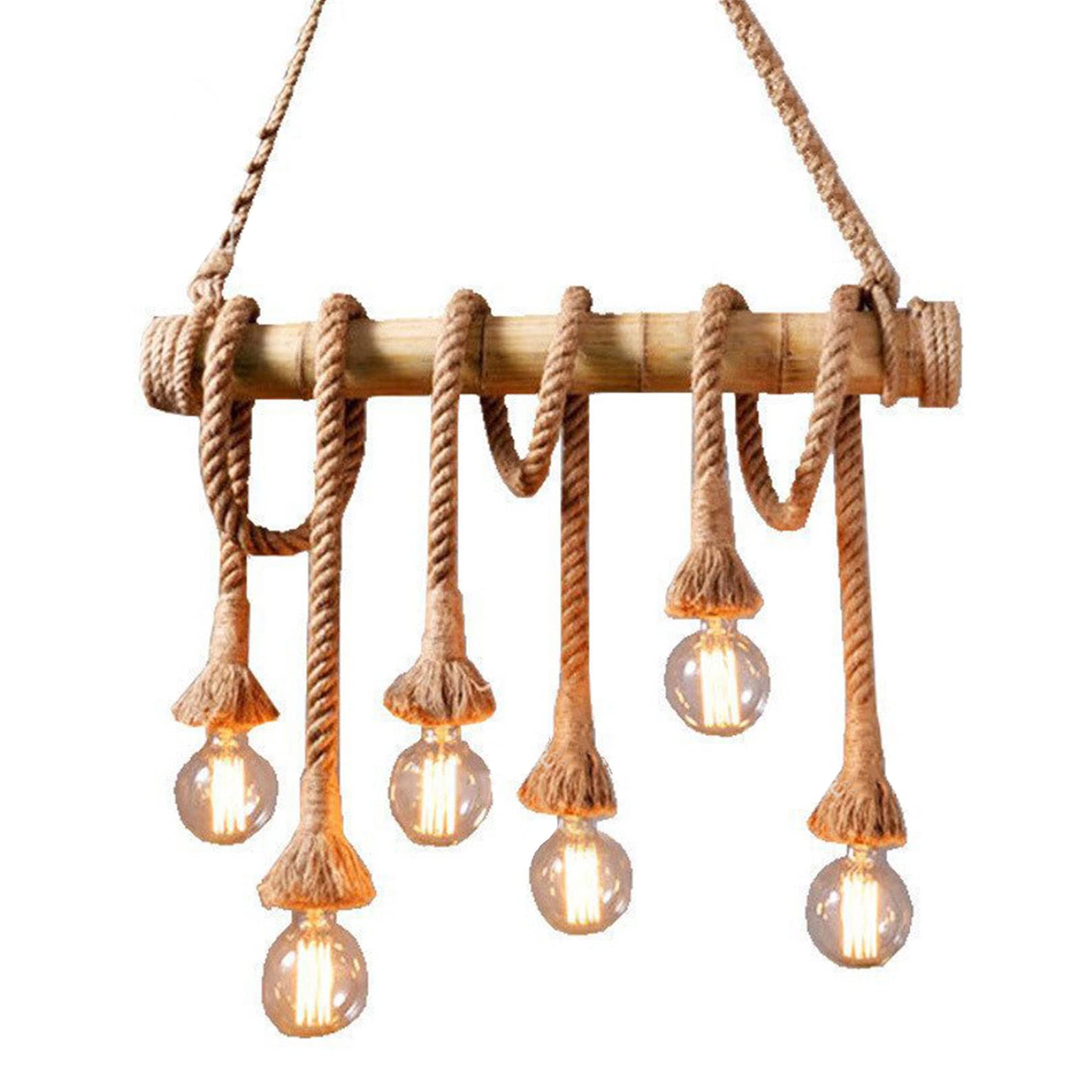 FZQSXAZU 6 Heads Industrial Hemp Rope Pendant Light, Vintage Bamboo Chandeliers, Unique Rustic Twisted Flaxen Hanging Lamps for Bedroom Restaurant Cafe Bar