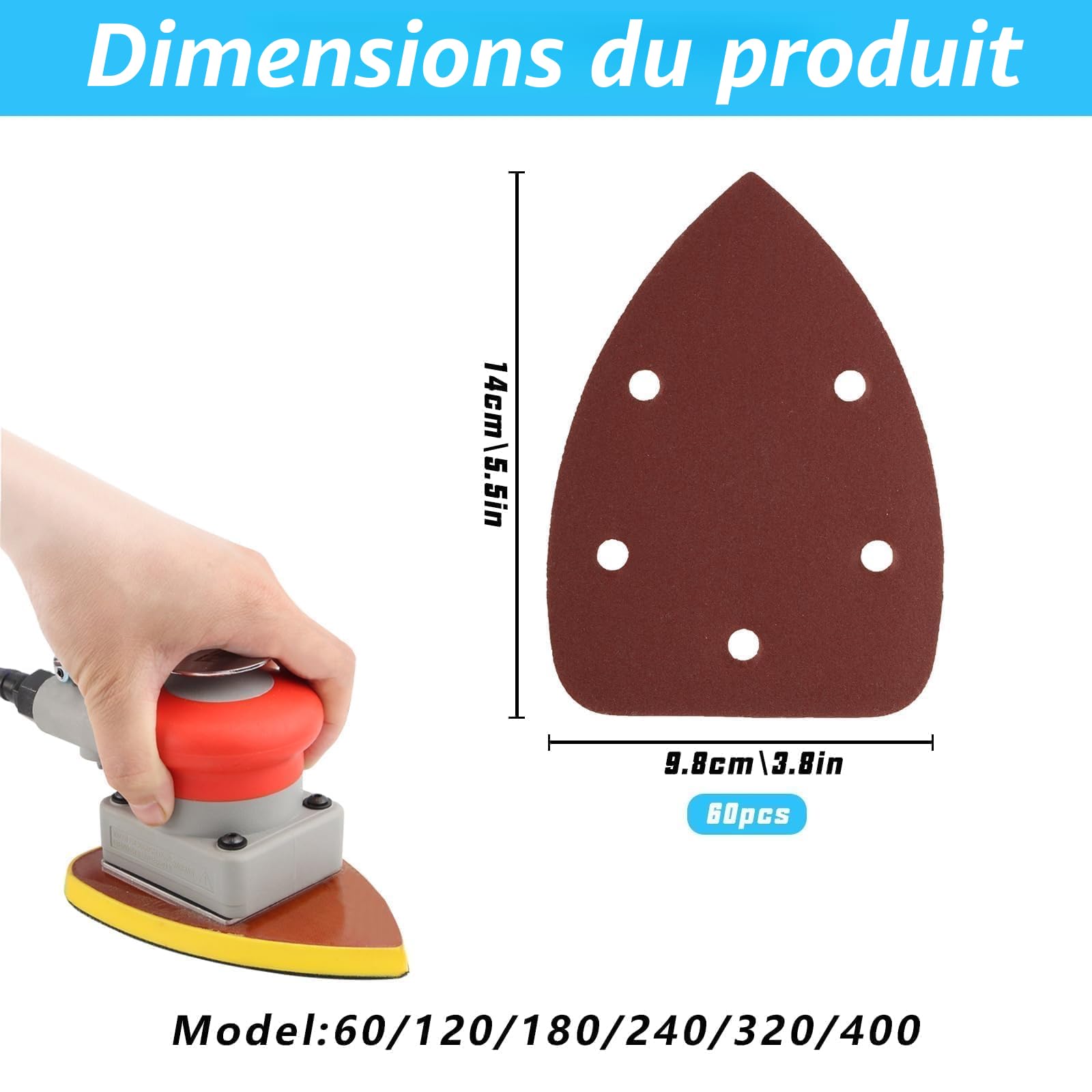 Papier de Verre Triangles de Ponçage 60 Pièces, 5 Trous Feuilles Abrasives Grain P40/80/120/180/240/320 pour Ponceuse Triangulaire