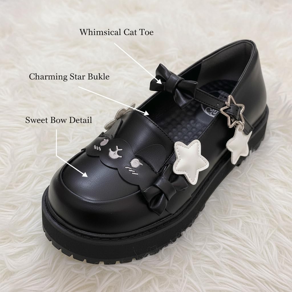 NICO×ASH Women's Kawaii Lolita Mary Jane Chunky Shoes, PU Leather Round Toe Platform Flats with Bowknot Strap for JK Cosplay