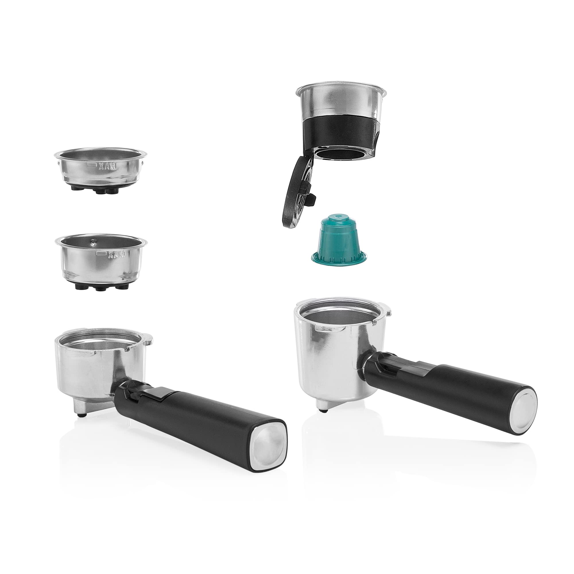 Princess 249412 Máquina de café para Espresso, Compatible con cápsulas Nespresso y café molido, 1 o 2 tazas, 20 bares de presión, Depósito extraíble de 1.5L, con espumador de leche, 1100 W