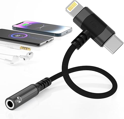 Adaptador Lightning y USB-C a conector de auriculares de 0.138 in 2 en 1 para iPhone tipo C a conector de auriculares hembra de 0.138 in para