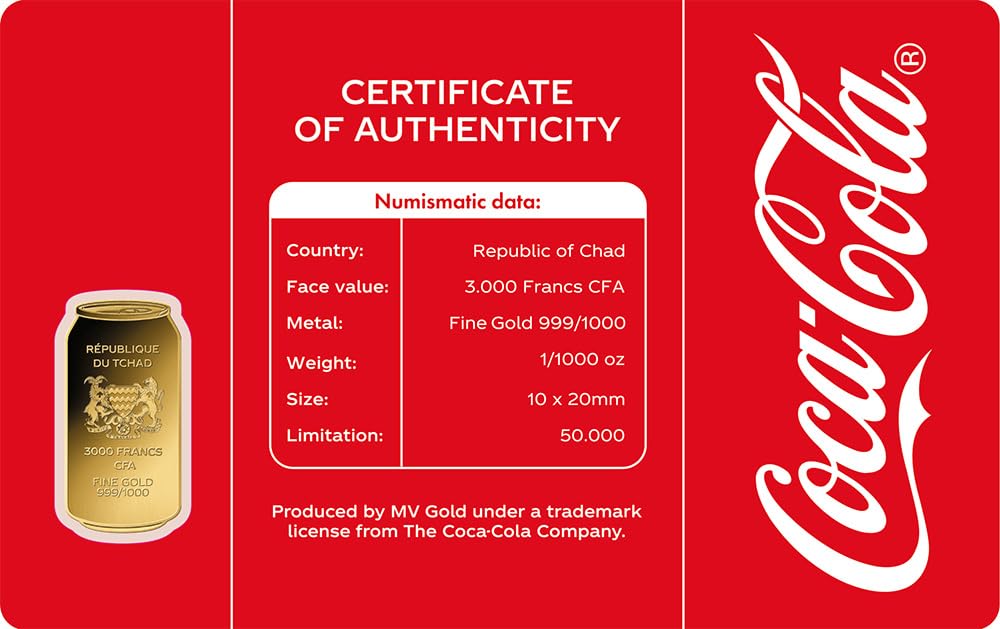 Coca Cola Can 1/1000 Oz Gold Münze 3000 Francs Chad 2023 : Amazon