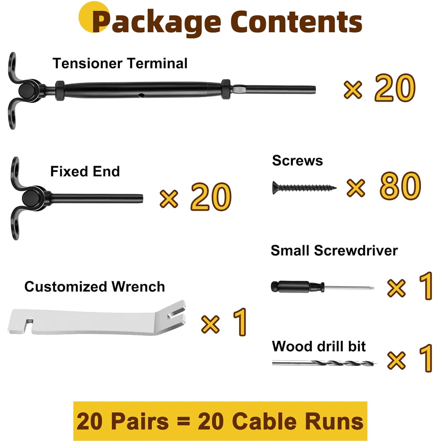 20 Pack 1/8" Black Cable Railing Kit - 180 Adjustable Angle Swage Toggle Turnbuckle Hardware for Wood Post, DIY Stair Deck Railings, T316 Marine Grade Stainless Steel - 20 Cable Runs