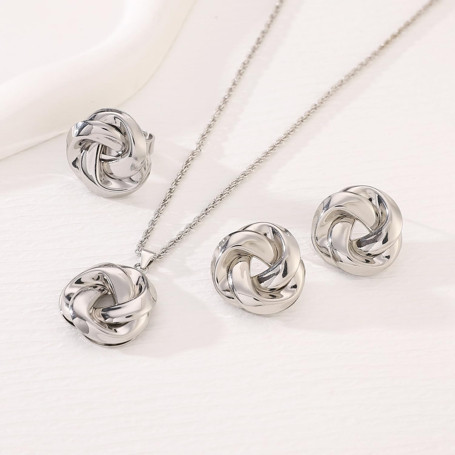 PLOUTOS Trendy Knot Jewelry Set Women Gold Silver Twisted Round Pendant Necklace Matching Stud Earrings Rings Adjustable Statement Fashion Gift - Image 4