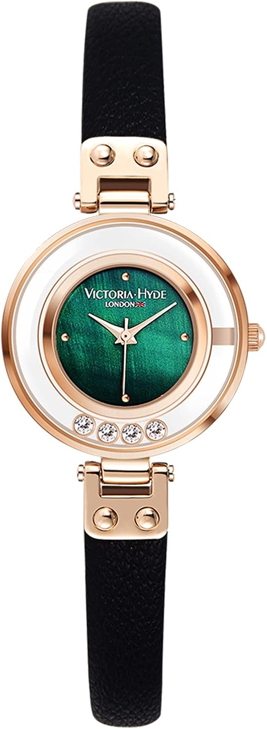 VICTORIA HYDE Small Dial Ladies Watches, Green Face Black Womens Leather Watches