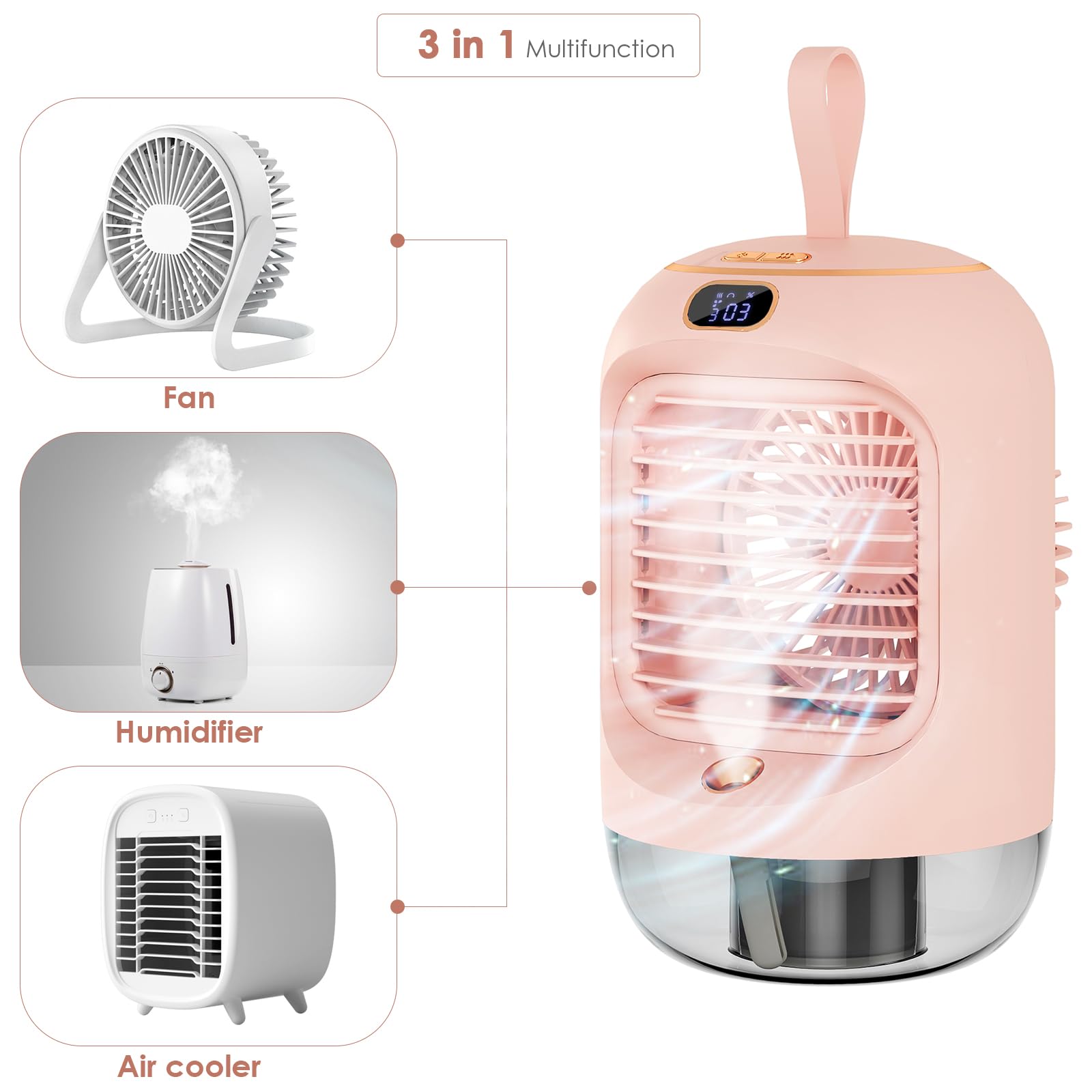 Obrotowy przenośny klimatyzator, mini wielofunkcyjny klimatyzator USB, z 3 prędkościami, lampka nocna, oscylacja 180°, przenośna, osobista chłodziarka powietrza do pokoju, biura (Vine 11)