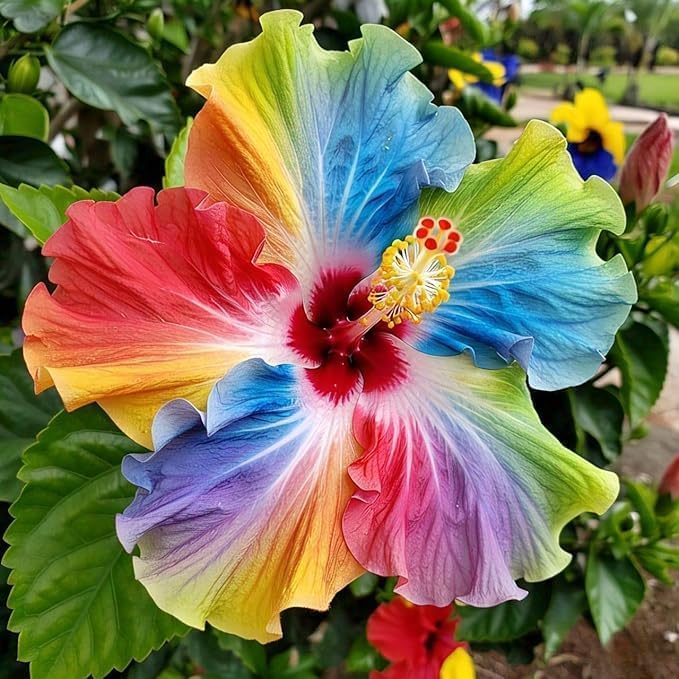 Image of Live Live Rainbow Hibiscus Hybrid Plant | Super Early Flowering Multi-Color Hibiscus | Healthy Live Plant with Black Plastic Pot | Decorative Flowering Plant for Home Garden,