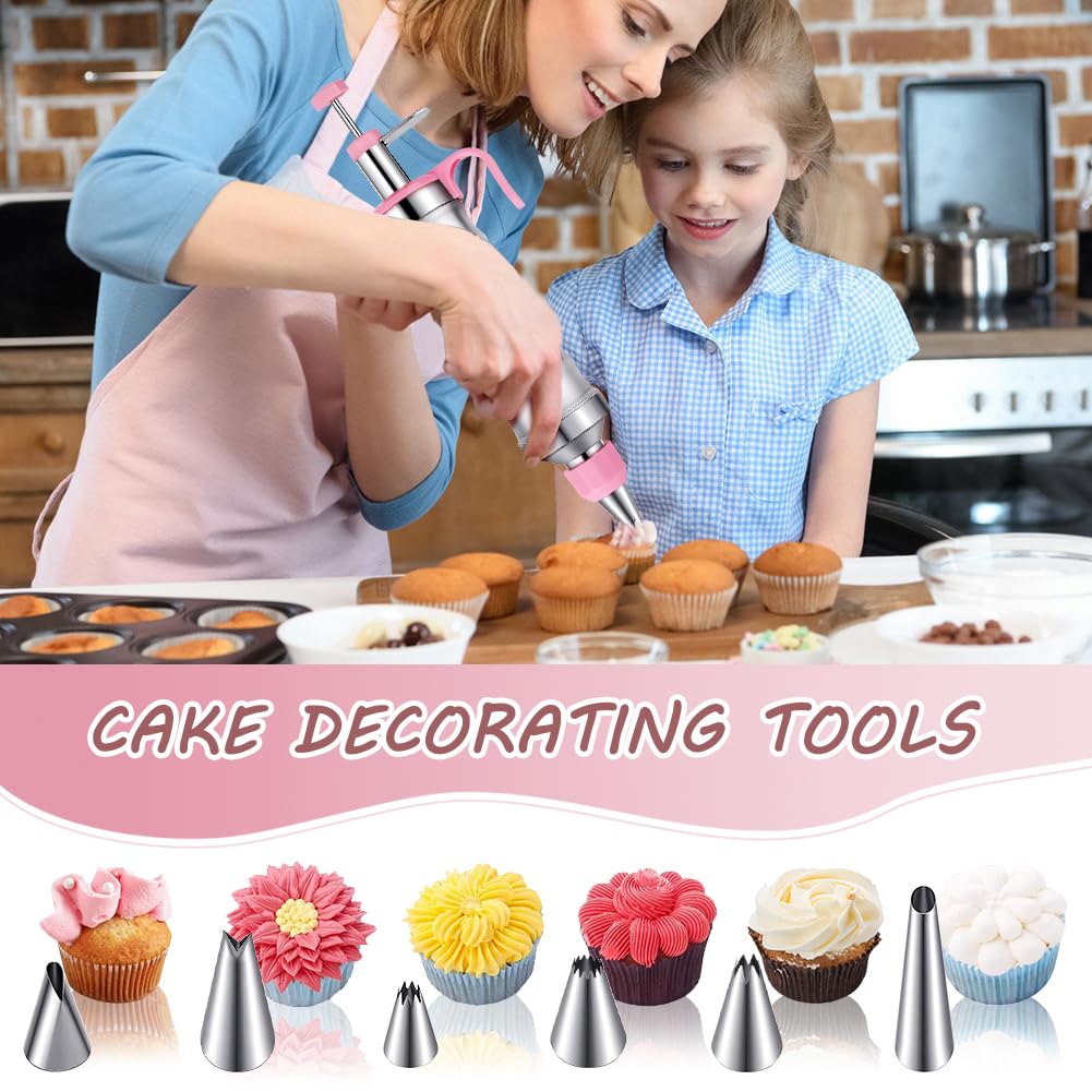 Juego de jeringas de acero inoxidable para decoración de pasteles, con 6 boquillas y 3 raspadores, pistola de glaseado para pasteles, cupcakes, herramientas de horneado para familia, profesional