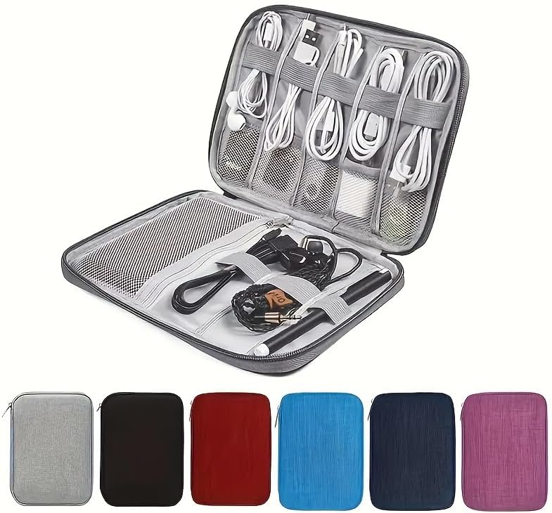 Travel Digital Cable Storage Bag, Elastic Rings Can Store Data Cables, Earphone Cords, USB Flash Drives, Memory Cards Watch Strap Storage Bag Mesh Pocket Can Store Chargers (Striped Grey)