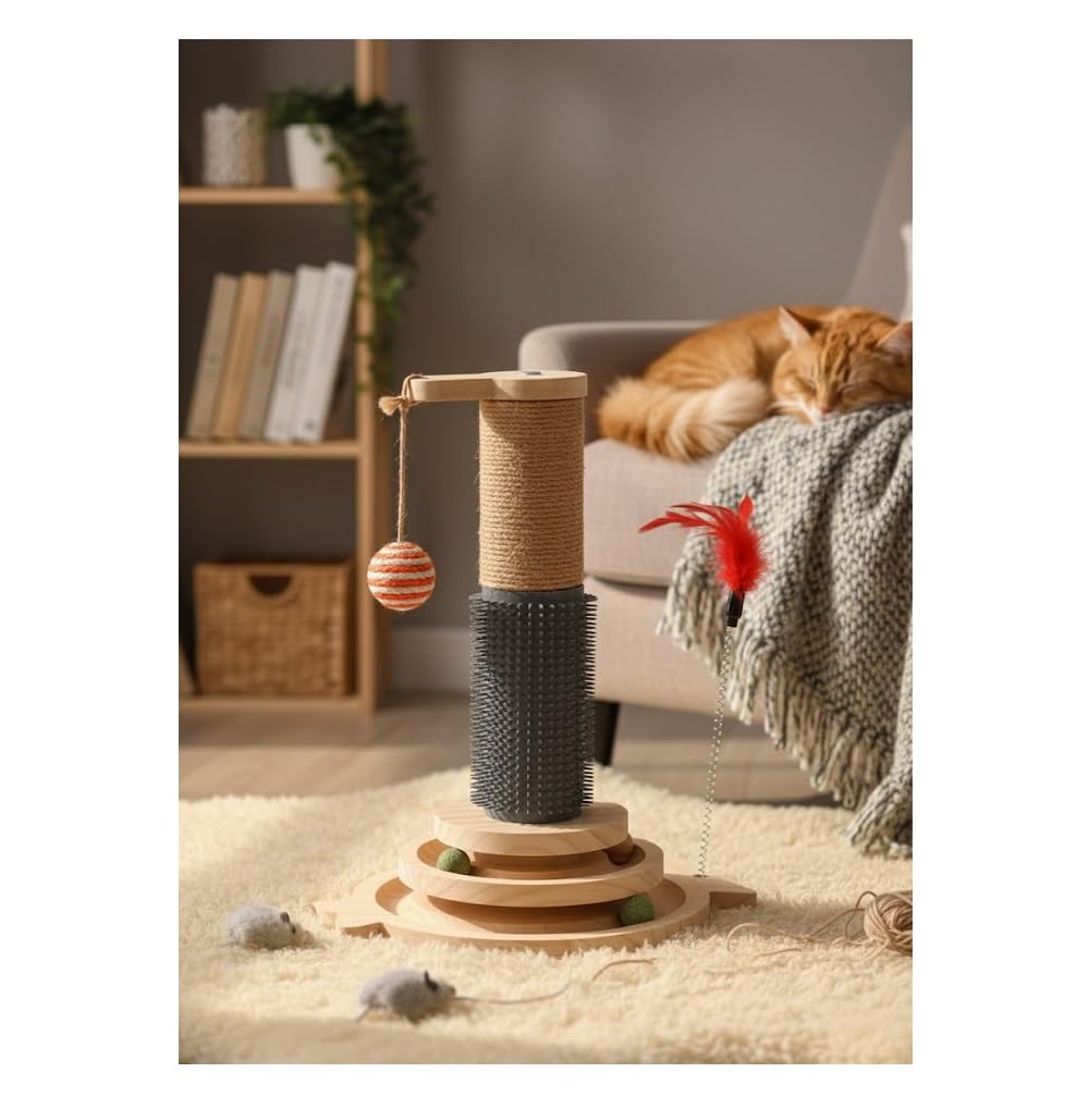 Jeu a Griffer pour Chat 26 x 40 cm Lex Plumes, Circuit a Balle et Brosse Massage