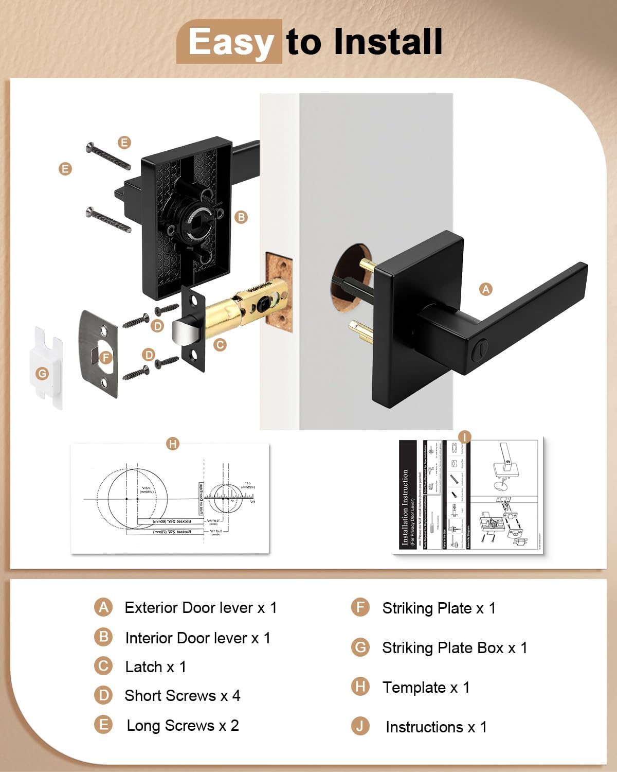 Probrico Matte Black Privacy Door Handle Interior, Long Plate Keyless Locking Door Lever Handles, 6 Pack Reversible Bed & Bath Door Lock