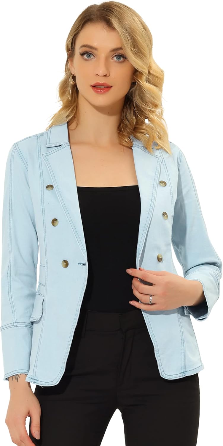 Allegra K Women's Jean Jacket Button Down Notched Lapel Long Sleeve Work Office Denim Blazer Jacket