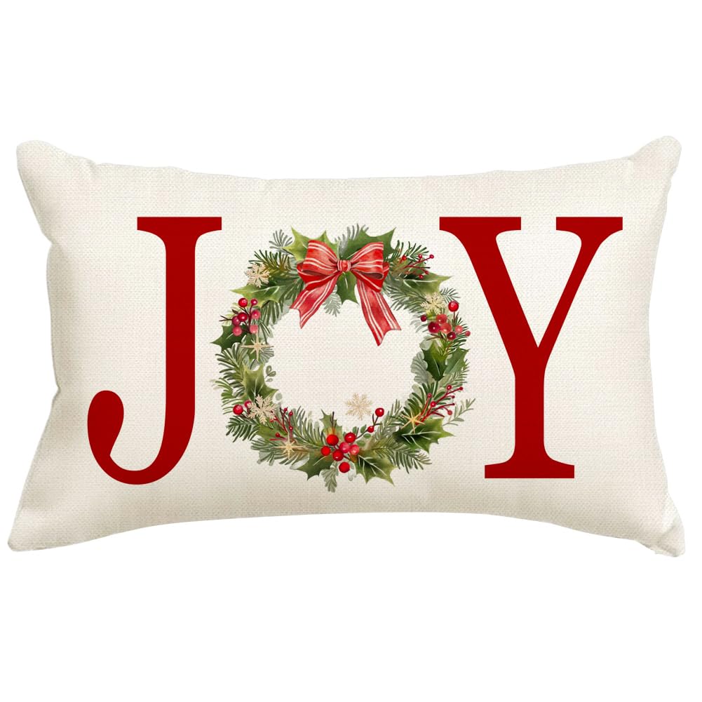 RABUSOFA Christmas Pillow Covers 12x20 Inch,Joy Christmas Decorations Pillows Decorative Throw Pillow Cases,Wreath Xmas Lumbar Cushion Covers for
