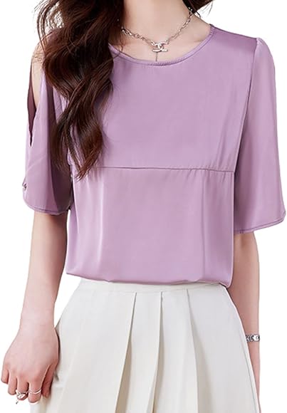 Amazon | [AUSKY] 上質トップス レディース Tシャツ 半袖 肩出し 大人 クルーネック パール付き ゆったり シンプル 万能アイテム  肌に優しい エレガント 上品 無地 涼しい 着瘦せ 通勤 春 夏 秋 普段着 パーティー デート お出かけ オフィス | Tシャツ・カットソー 通販