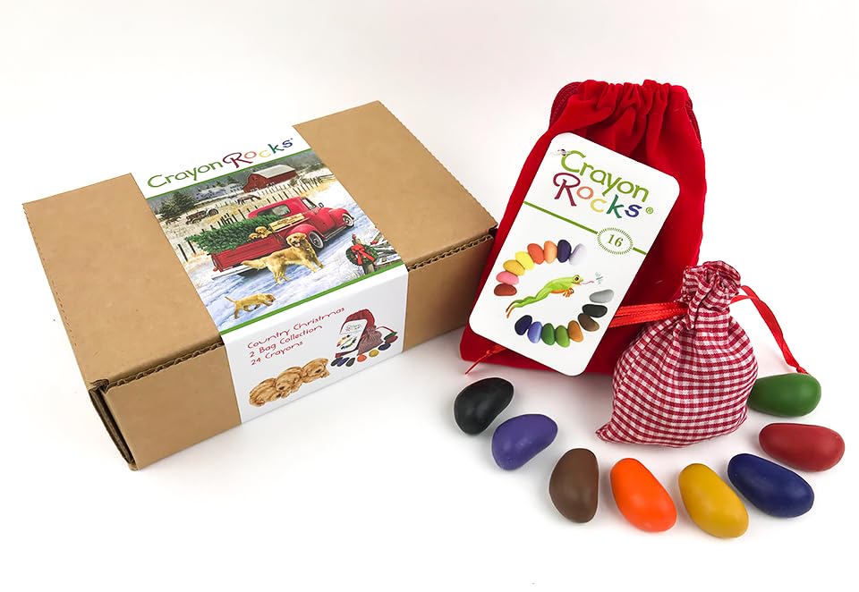 Crayon Rocks Farm House Christmas Gift Combo, 24 Colors, Tripod Grip for Kids' Handwriting Development, Includes Red Velvet Bag (16 Colors) & Gingham Bag (8 Colors) - Fun Holiday Gift!