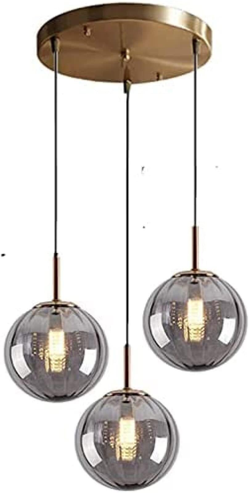 KXEcoLife Industrial Retro Loft Brass Glass Globe Pendant Lamp Chandelier Hanging Lighting Ceiling Fixture Three Way Cluster for Dining Room Kitchen Island(Gray)