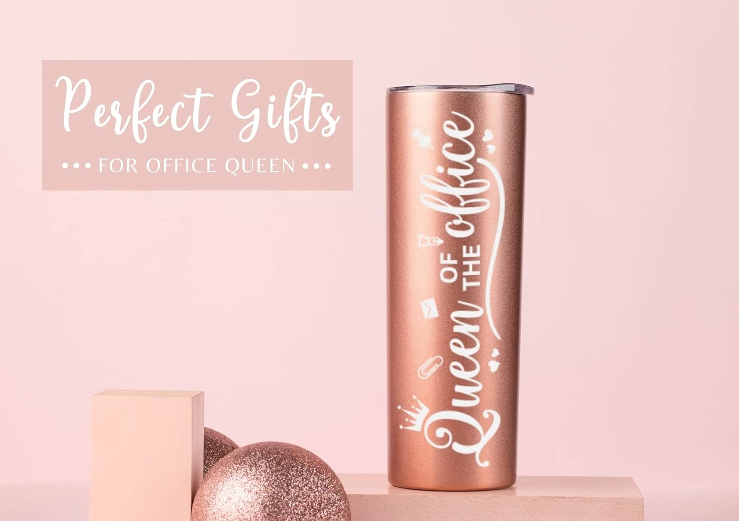 Onebttl Secretary Gifts for Woman, Funny Administrative Professional Day Gifts for Appreciation, Christmas, Birthday, 20oz Stainless Steel Insulated Skinny Tumbler - Queen of the Office RoseGold - Image 2