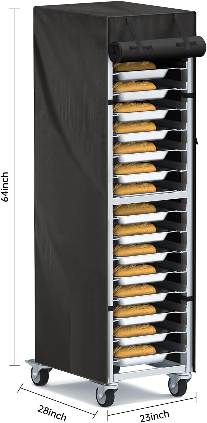 Bread Rack Cover 20-Tier 23"×28"×64" – 420D Oxford Waterproof & Dustproof Speed Rack Cover with Side Storage Pocket, Roll-Up Door, Zipper – Commercial Bakery Bun/Sheet Pan Rack Protector, Black