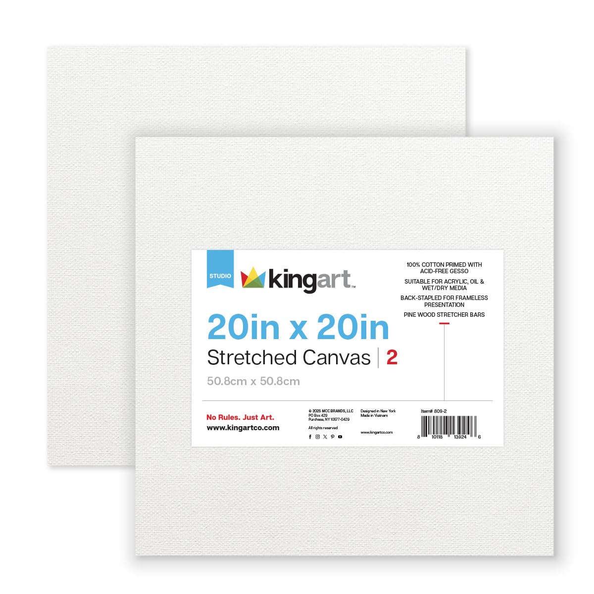 KINGART Lienzo estirado (809-2), 20 x 20 pulgadas, 100% algodón, imprimado con gesso, paquete de 2