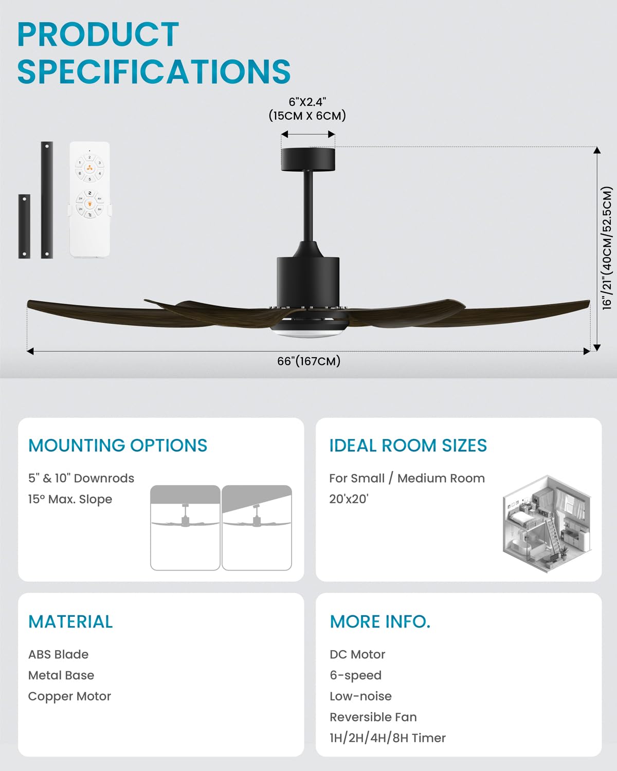 Frstem Industrial 66" Large Ceiling Fan with Light & Remote Control in Black & Walnut Wood Color, 6 Blades 6-speed Low Profile Ceiling Fan Fixture, for Kitchen Bedroom Living Room Patio Indoor Outdoor