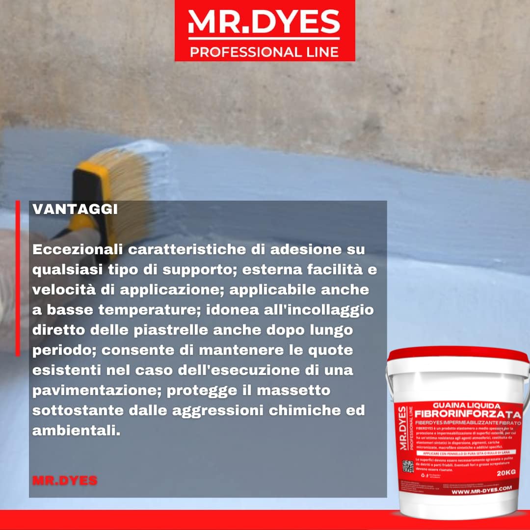 FIBERDYES Guaina Liquida Fibrorinforzata Impermeabilizzante Monocomponente, Gomma Liquida, Membrana Impermeabilizzante, Vari Colori, Formati 1 Kg, 6 Kg, 20 Kg. (20 KG, GRIGIO)