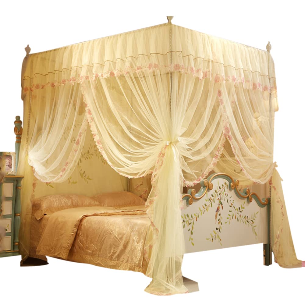 Bexdug Girls Yellow Four Corner Post Bed Curtains - Bed Drapes For Bedroom,Drape Netting, Canopy Curtain, Bed Net For & Adults, Bedroom Decoration