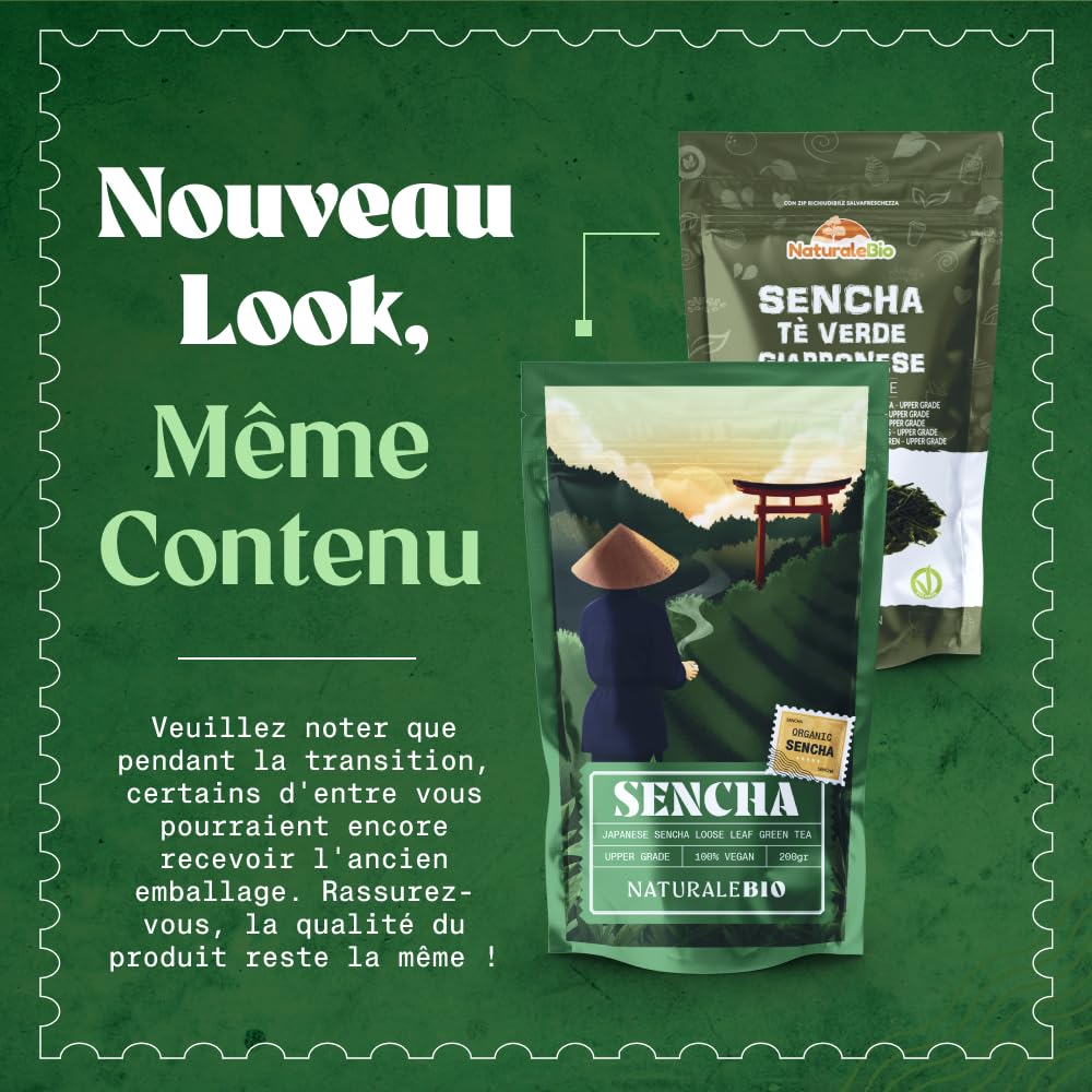NaturaleBio Thé vert Sencha Japonais Bio - Upper grade - de 200g. Bio, Naturel et Pur, Thé vert en vrac de première récolte cultivée au Japon. Organic Japanese Sencha Green Tea.