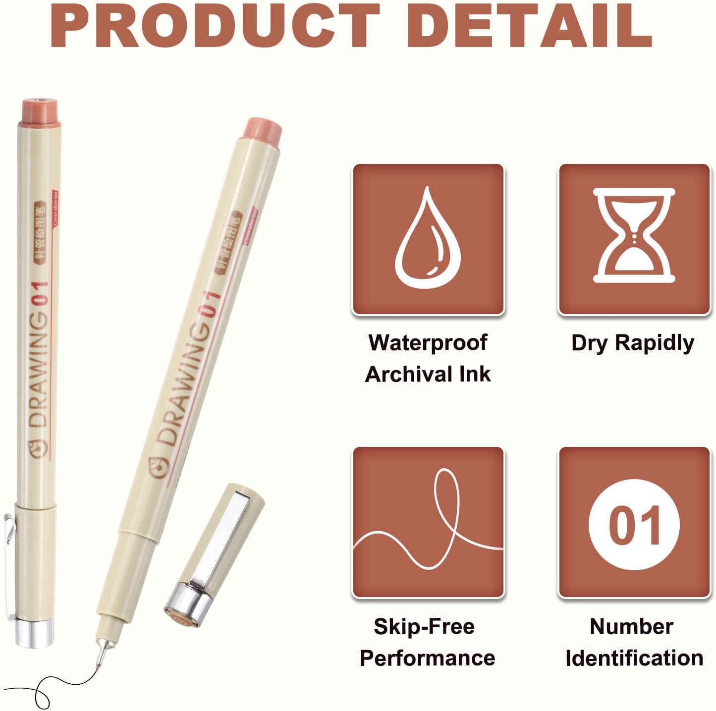 MECCANIXITY Fineliner Ink Pens, 6Pcs 0.25/0.35/0.45/0.5/1.0/3.0mm Brown Micro Pens with Waterproof Archival Ink for Watercolor Sketching Cartoon Technical Drawing