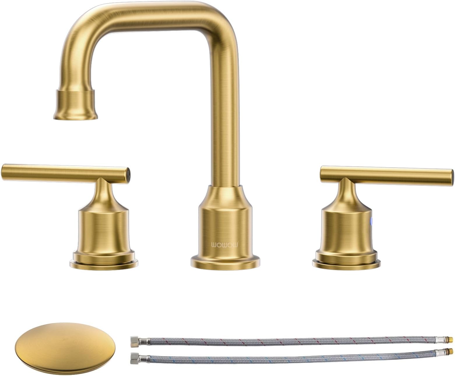 WOWOW Brushed Gold Bathroom Faucet Widespread Bathroom Sink Faucet 2 Handle Lavatory Tap 3 Holes with Drain and Supply Hoses Mordern Basin Taps