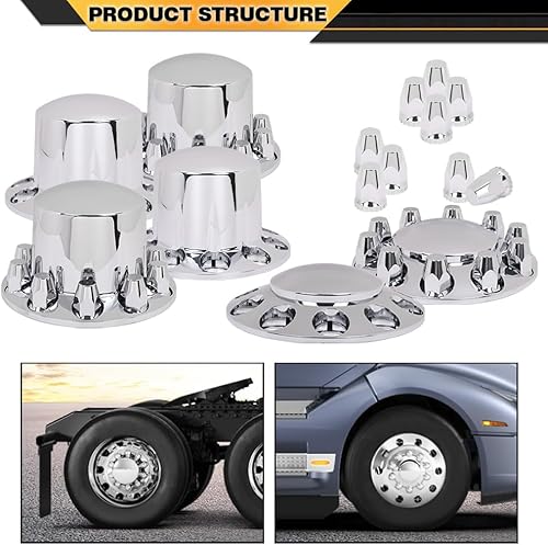Miniatura 8 de Cubierta de cubo Kit de rueda de semircamión Cubierta de eje Cromo 1.299 in Lug Delantero y Trasero Compatible con semi-camiones con ruedas