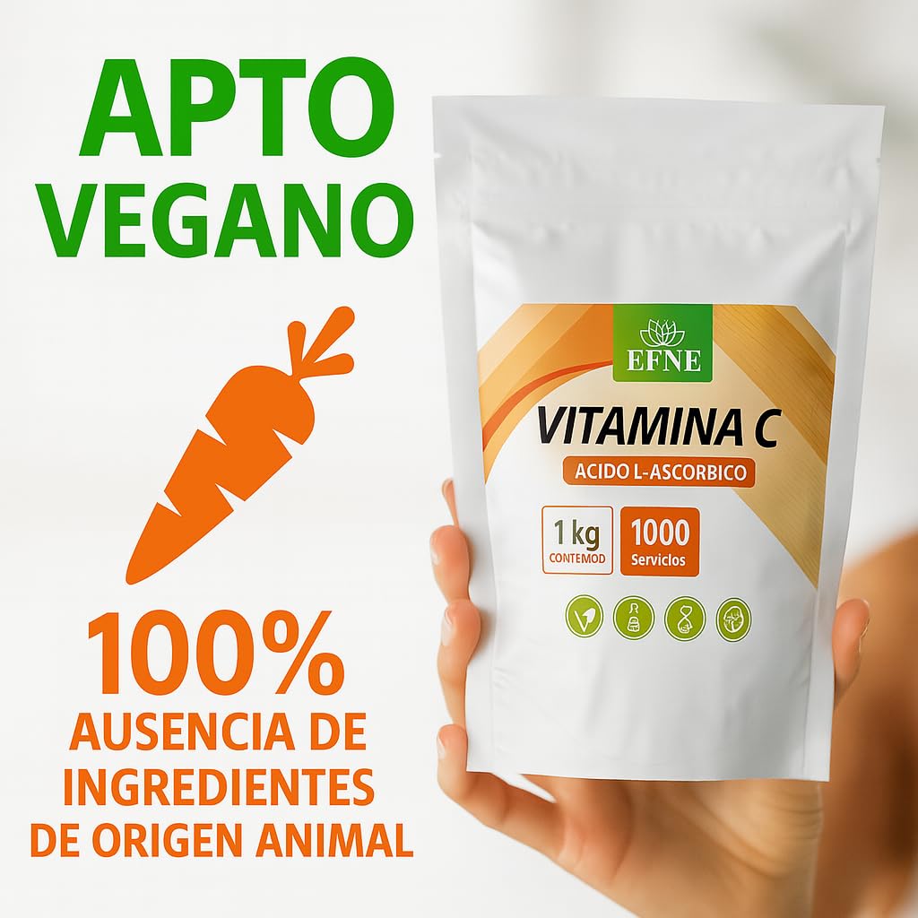 EFNE | Vitamina C Acido L-Ascórbico en polvo 1KG | Vegano | Vitamina C en polvo pura, sin aditivos ni ingredientes añadidos | 1000 Gramos | 1000mg por porción | Dosis alta