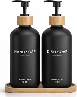 Hand and Dish Soap Dispenser Set,16oz Glass Bottles with Bamboo Pumps & Tray,Countertop Soap Dispensers for Kitchen,Luxury, Minimalist & Farmhouse Decor