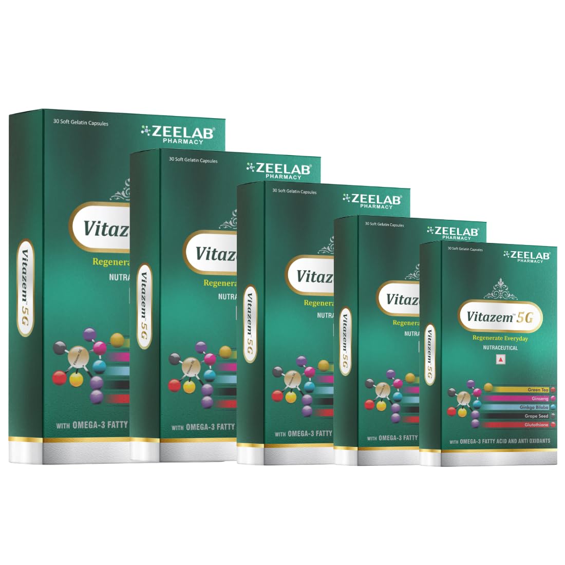 Zeelab Vitazem-5g with Omega-3 Fatty Acid and Antioxidants | Multivitamin Supplement (5 X 15 Soft Gelatin Capsules)