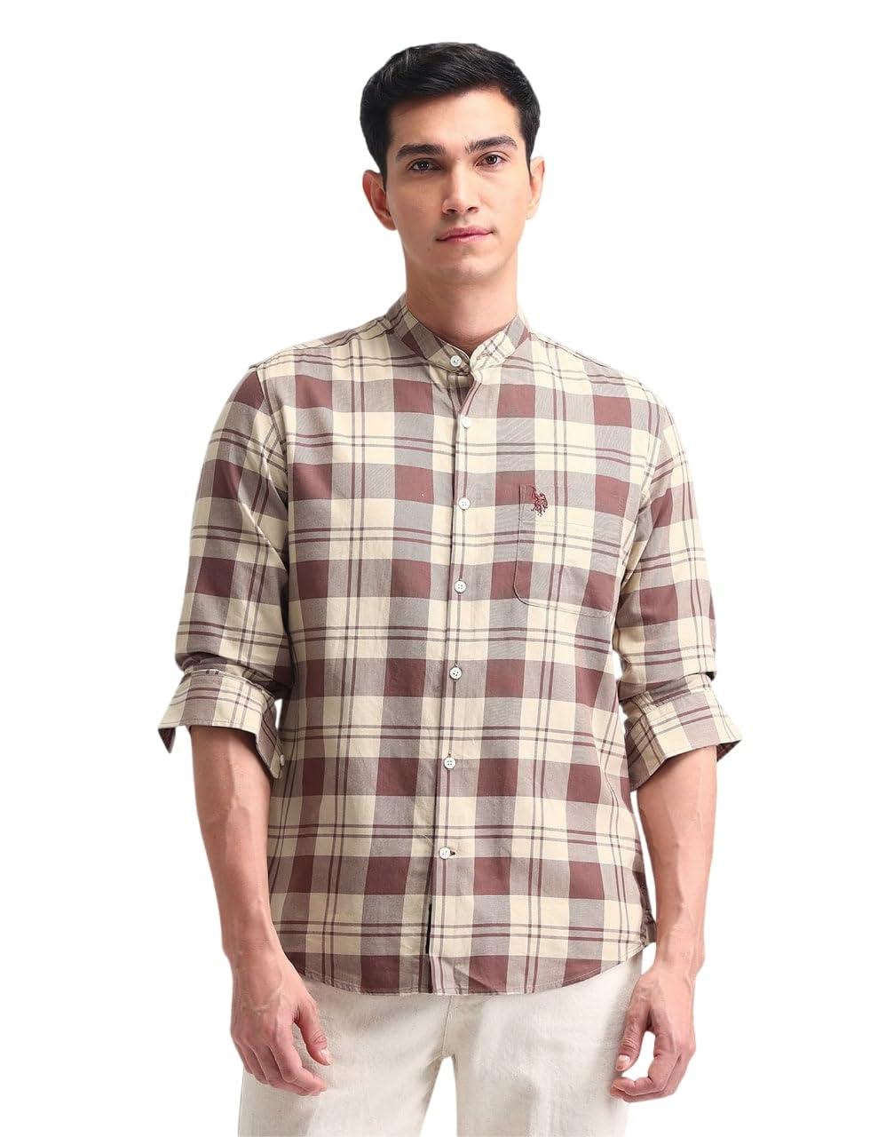 u.s. polo assn. Denim Co. Men's Brown Checkered Band Collar Full Sleeve Casual Cotton Slim Fit Shirt-picture-18