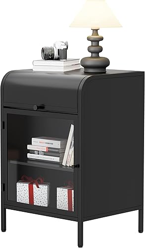 Mesas auxiliares modernas de metal, mesas auxiliares con puerta de cristal, mesitas de noche de 2 niveles con estantes de almacenamiento, mesa de