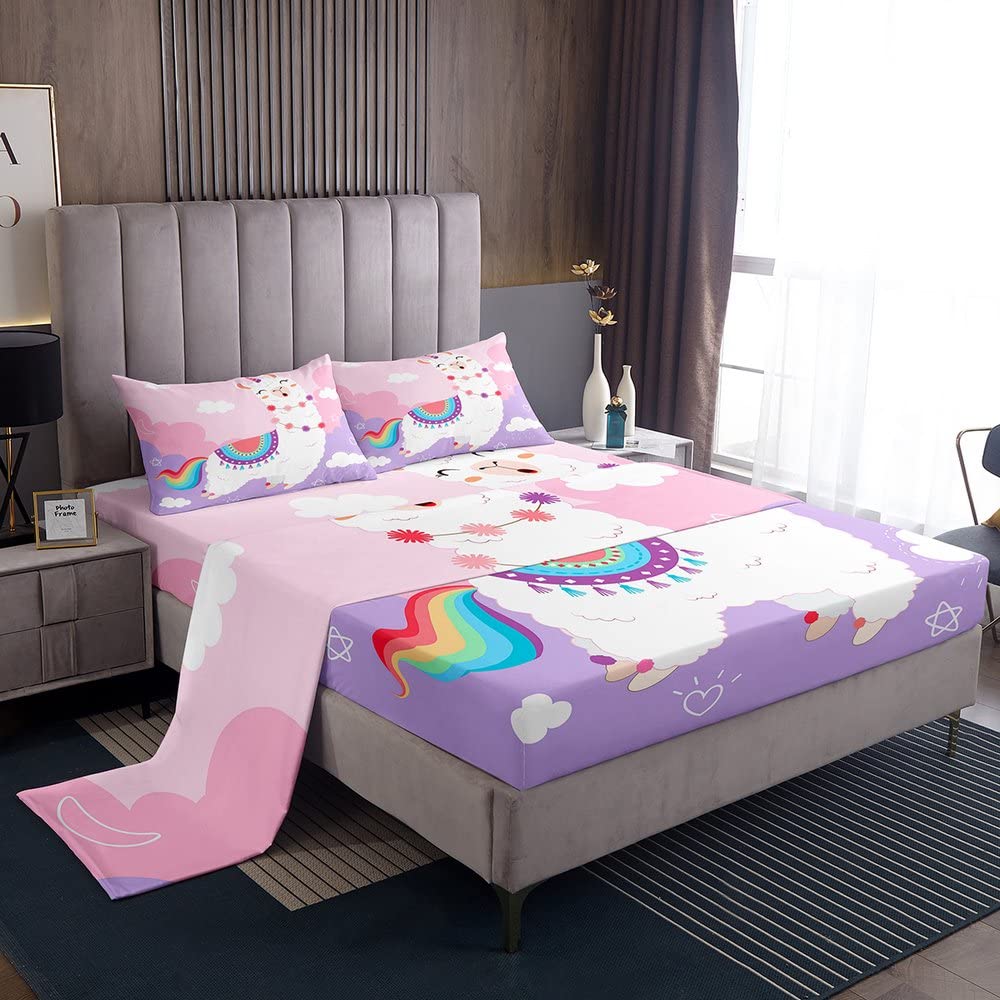 Cute Llama Bed Set Cartoon Llama Alpaca Sheet Set for Kids Boys Girls Toddler Kawaii Sheep Bed Sheets Animal Bedding Sheets Single Size