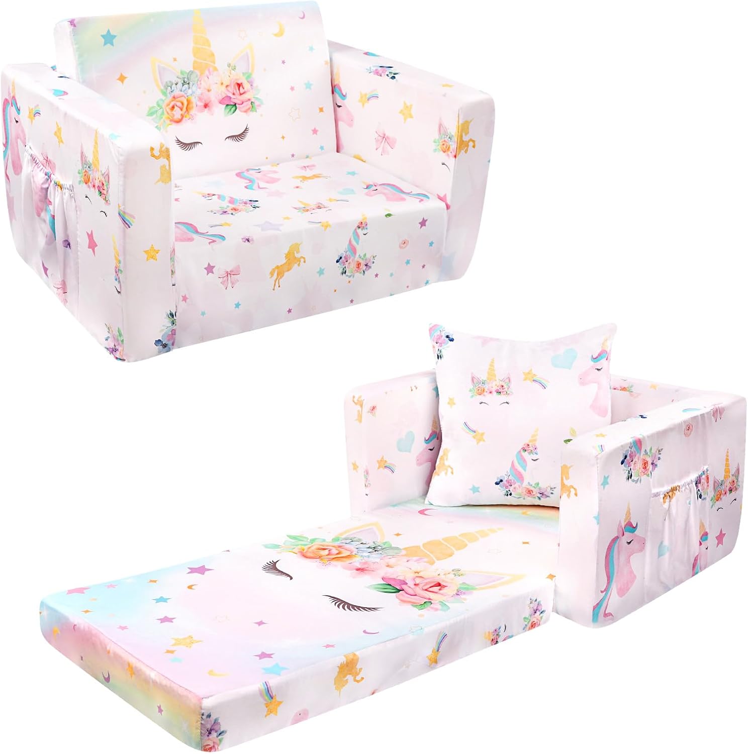 Pea Pod Kids Couch, Toddler Sofa and Chairs for Playroom or Comfy Lounging, 2 in 1 Fold Out Toddler Reading Couch with Pillow, Ultra-Soft Convertible Sofa to Bed for Boys and Girls (Unicorn)