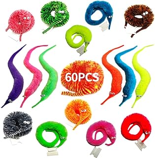 SHENGSEN 60 Pack Fuzzy Worm Toys String Pets Fuzzy Worms On String Bulk Trick Toy Party Favors for Kid Cat (12 Colors)