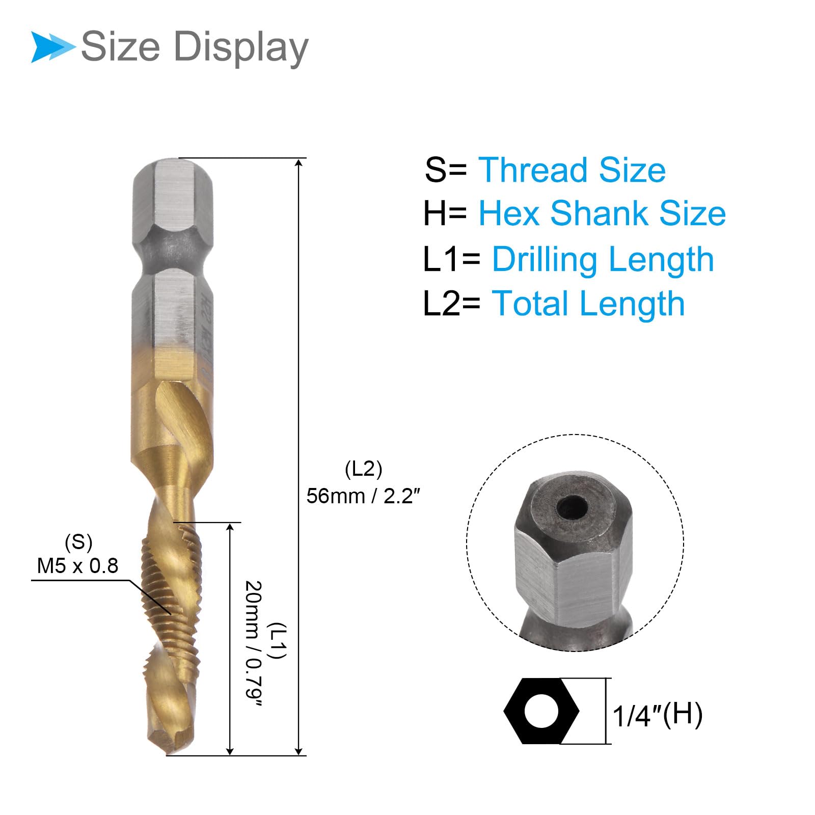 CoCud Combination Drill and Tap Bit, M5 x 0.8 Thread Size 1/4" Hex Shank, 4341 Titanium Coated High Speed Steel Tools - Image 2