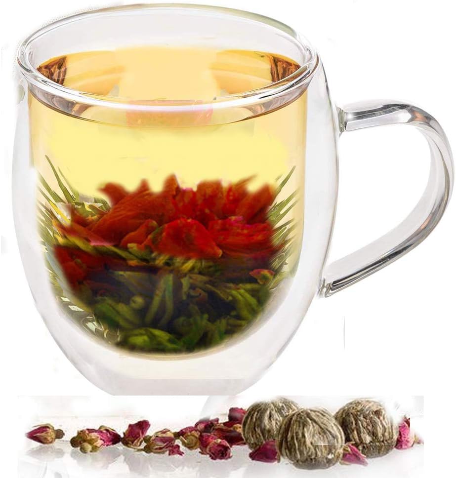 ECO NAVA Tea Gift Double Walled Glass Cup 350 ml / 12 oz with 2 Flowering Green Tea Balls Blooming. Great clear double wall insulated mug for serving coffee, tea, hot chocolate, latte, espresso.
