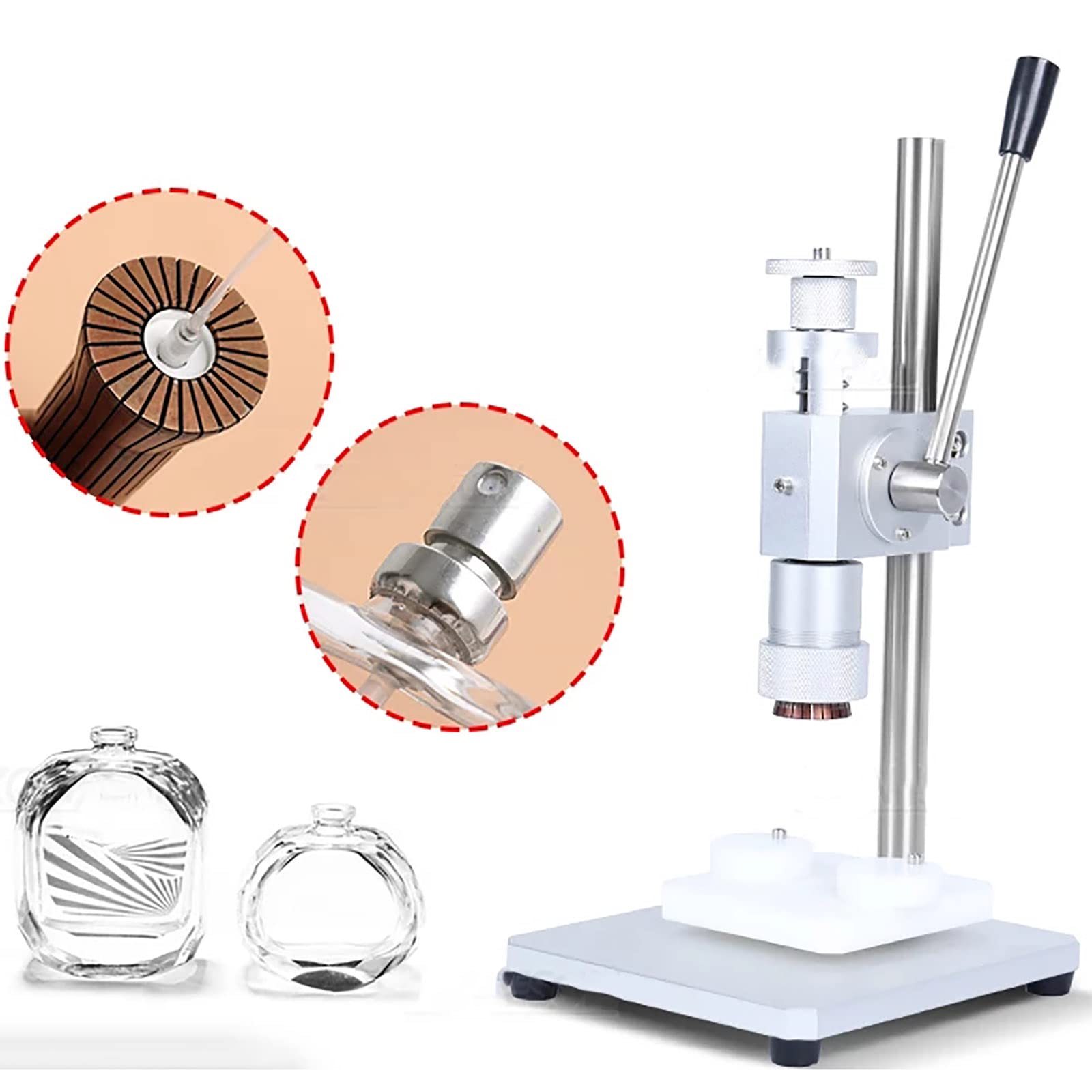 Máquina prensadora Sellado Botellas Perfume, máquina taponadora neumática Manual, con Mango Antideslizante Acero Inoxidable, Altura Ajustable para Herramientas Vidrio Metal plástico (diámetro exte