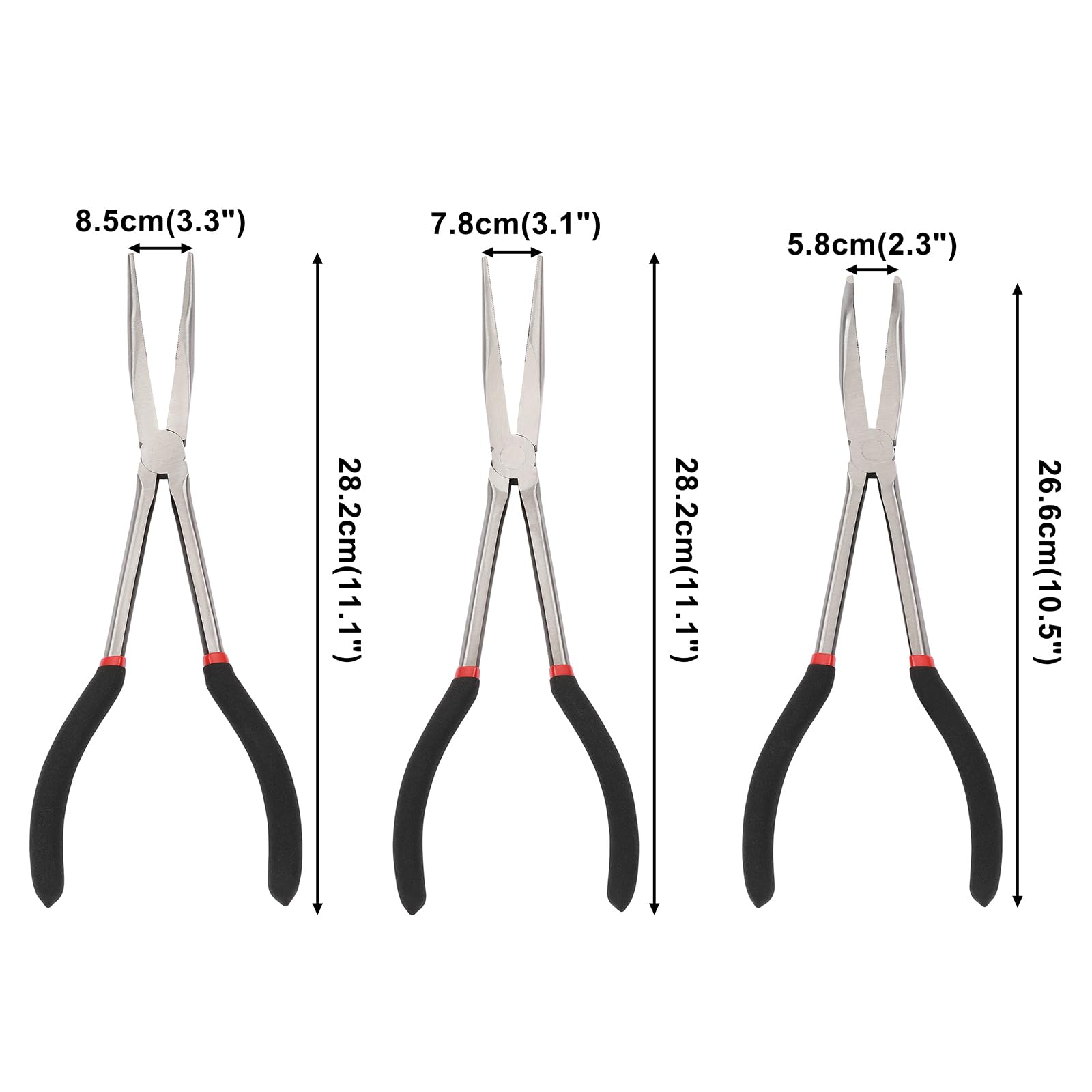 CASOMAN 6-teiliges 27,9 cm extra langes Zangen-Set, inklusive extra langem Spitzzangen-Set (2,5 cm Spitzzange, 90° und 45° gebogene Spitzzange) und rutschfester Schlauchgreiferzangen-Set (5/16 Zoll,