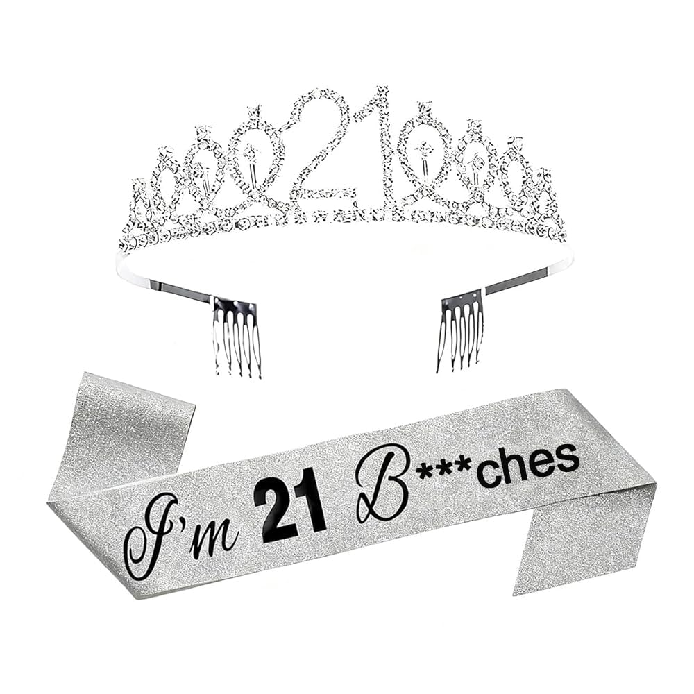 ToVii 21st Birthday Tiara and Sash Set - I'm 21 Bitches! Silver Sash Crystal Crown Birthday Gift for Girls Women 21st Party Favors