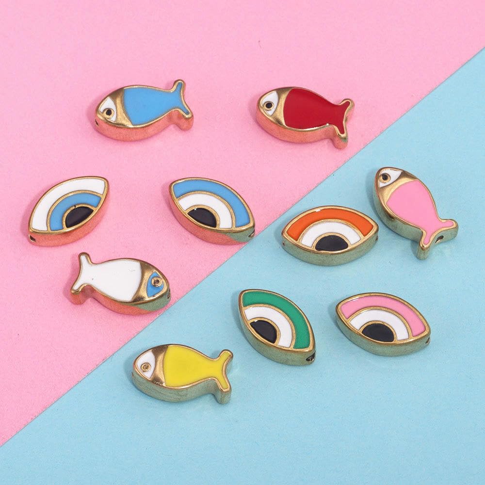 14 x 8 mm, 10 szt., oczy, małe ryby, koraliki ze stopu emalii, koraliki, emaliowane, różne pozłacane emaliowane zawieszki do produkcji biżuterii, złoty motyw