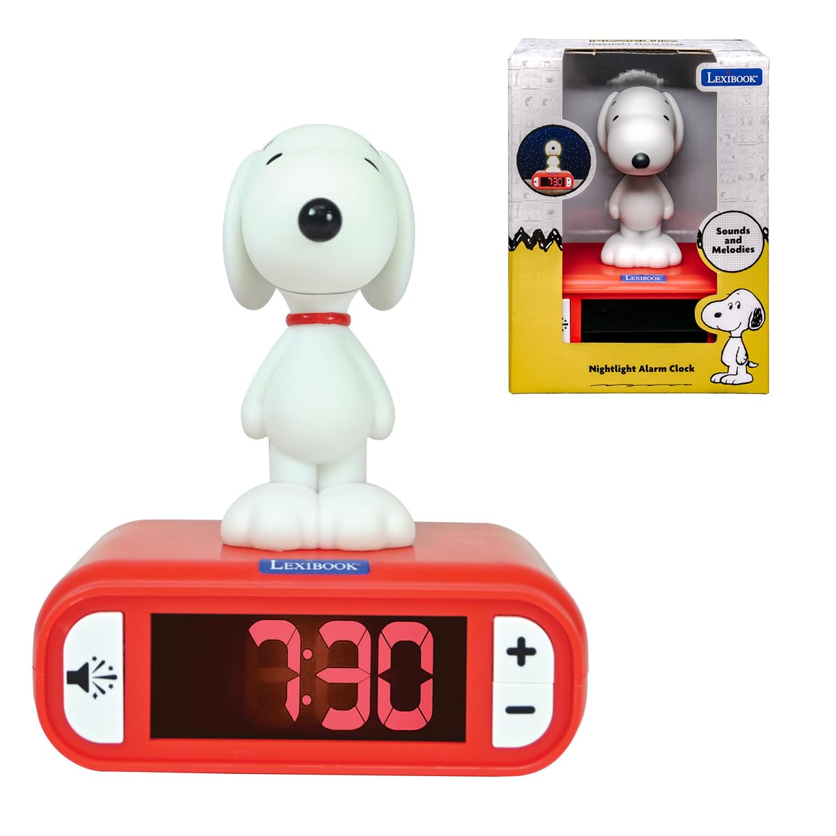 LEXIBOOK, Peanuts Snoopy, Alarm Clock Nightlight Sounds, Red, RL800PNLXB