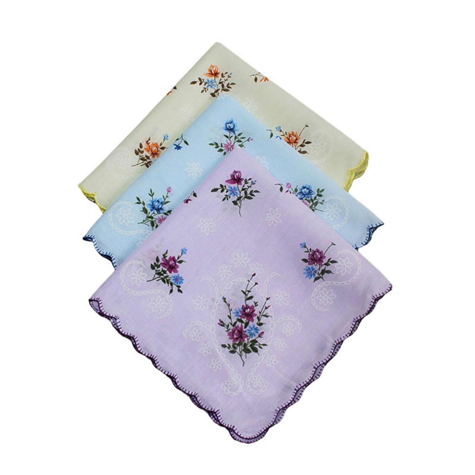 Eiudxue Women's 4 3Pieces Wavy Edge Cotton Handkerchiefs Flower Embroidered With Lace Hankies Handkerchief For Afternoon Tea