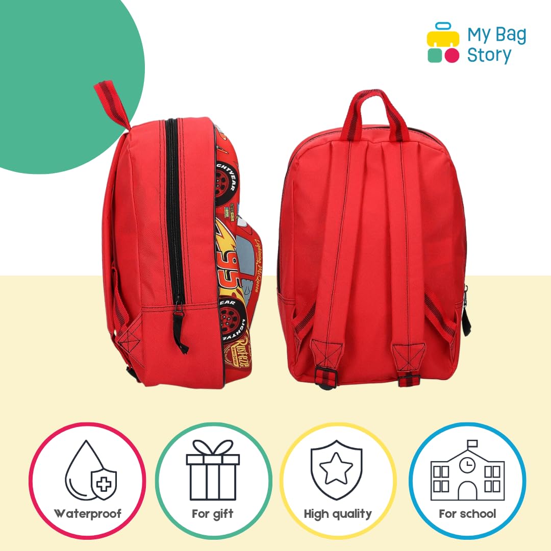 mybagstory Plecak - Samochody - Disney - Dzieci - Szkoła - Podstawowa - Przedszkole - Opieka dzienna - Tornister chłopięcy, Rozmiar 31 cm - Regulowane ramiączka - Pomysł na prezent, Czerwona, 31 cm